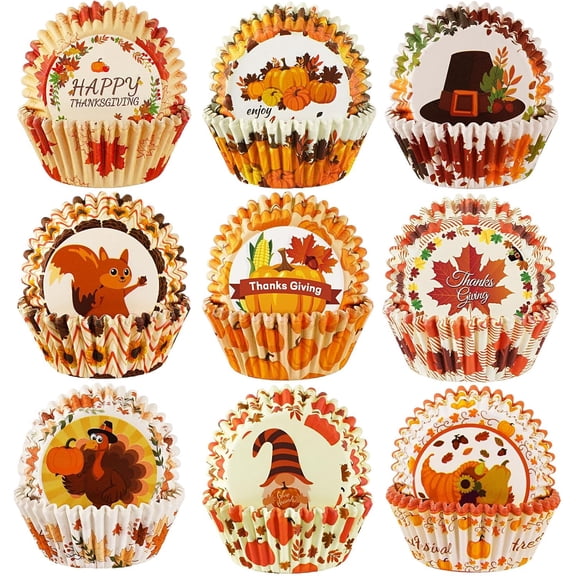 ZEN 450pcs Thanksgiving Cupcake Liners - Turkey, Maple Leaf, Gnome Baking Cups, Fall Muffin Wrappers for Party Candy Cake Decorations Supplies (9 Designs)