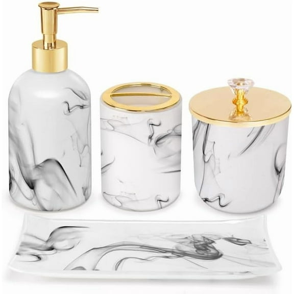 ZEN Bathroom Accessories Set, 4 Pcs Marble Look Sets Soap Dispenser & Toothbrush Holder Counter Top Restroom Apartment Decor Stuff, Glass Kits, Gift for Women and Men, Ink White