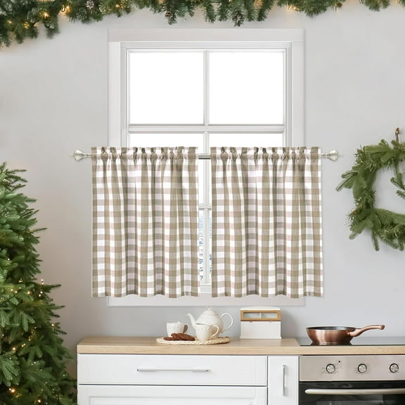 ZEN Beige Buffalo Plaid Cafe Curtains 30 Inch Length, Buffalo Check Kitchen Tier Curtains, Farmhouse Gingham Rod Pocket Short Half Window Curtain for Kitchen Bathroom, 28"W x 30"L, Linen, Set of 2
