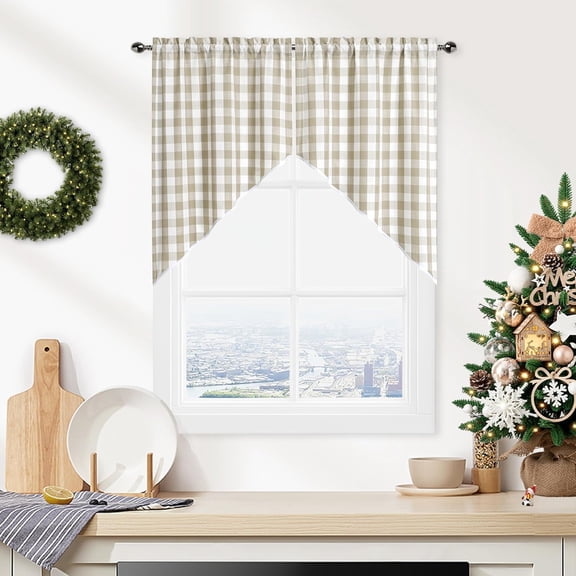 ZEN Beige Buffalo Plaid Swag Valances, Farmhouse Swag Kitchen Curtains 36 Inches Long, Rustic Gingham Check Small Window Short Window Treatment for Kitchens Bathroom, 28" x 36", Linen, Set of 2