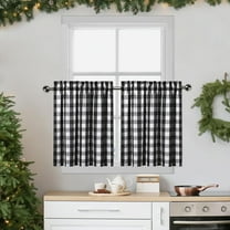 ZEN Black White Buffalo Plaid Gingham Cafe Curtains 30 Inch Length, Farmhouse Rustic Checkered Half Window Tier Curtain for Kitchen Bathroom, 28" W x 30" L, Black/White, Set of 2
