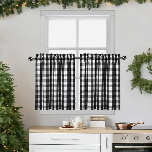 ZEN Black White Buffalo Plaid Gingham Cafe Curtains 30 Inch Length, Farmhouse Rustic Checkered Half Window Tier Curtain for Kitchen Bathroom, 28" W x 30" L, Black/White, Set of 2