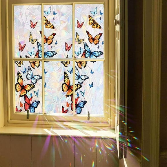 ZEN Butterfly Window Privacy Film Rainbow Film Decorative Window Sticker, 3D Static Stained Glass Cling Tint for Home Heat Control Non-Adhesive 17.7 * 43.3inch
