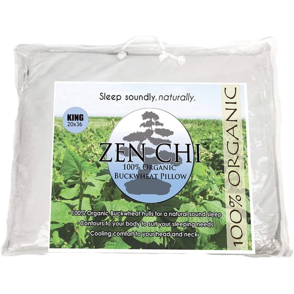 ZEN CHI Buckwheat Pillow- Organic King Size (20"X36") w Natural Cooling Technology- All Cotton Cover w Organic Buckwheat Hulls