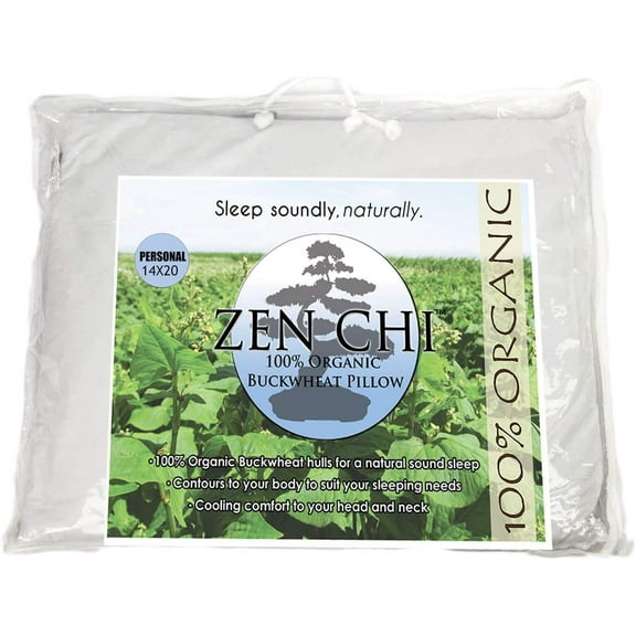 ZEN CHI Buckwheat Pillow - Organic Standard Size (14x20) w Natural Cooling Technology- All Cotton Cover w Organic Buckwheat Hulls - Personal Comfy Pillow Has Natural Cooling Effect, Adjusts to Head