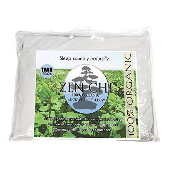 ZEN CHI Buckwheat Pillow- Organic Twin Size (20"X26") w Natural Cooling Technology- All Cotton Cover w Organic Buckwheat Hulls