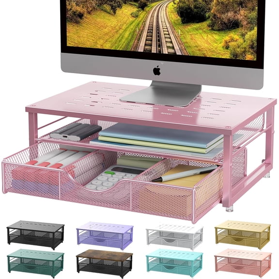 ZEN Computer Monitor Stand Riser, office organizer with Drawer, Office Organizers Storage for Classroom Office Supplies (Pink)