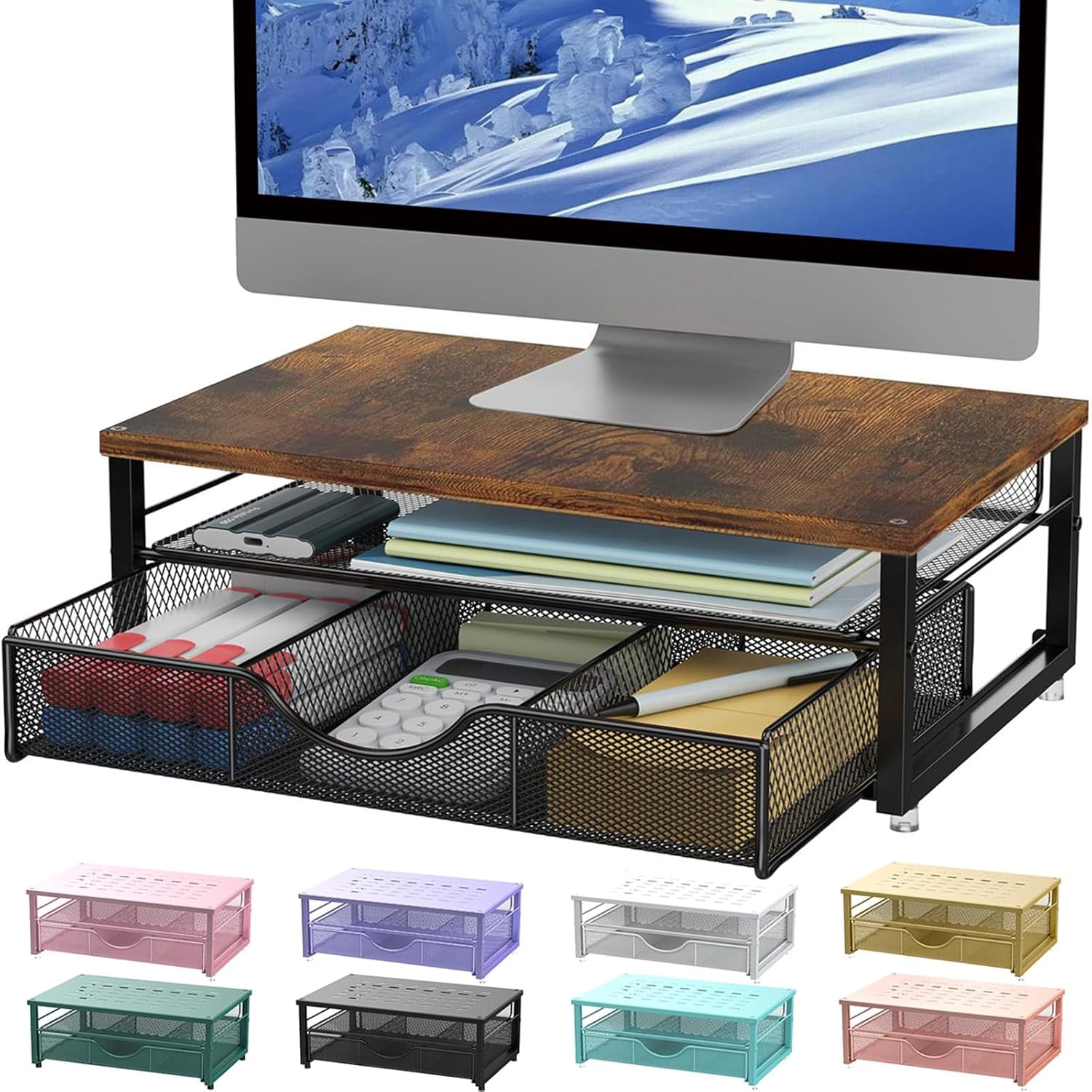 Computer Lab Organizers ZEN Computer Monitor Stand Riser, office organizer with Drawer, Office ...