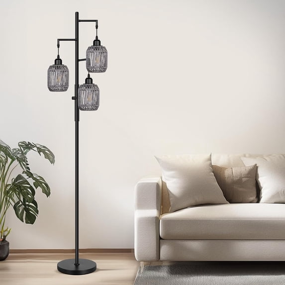 ZEN Dimmable Boho Floor Lamp - 3 Light Farmhouse Rattan Floor Lamp for Living Room, Industrial Tree Floor Lamps with 3 X 6W LED Bulbs, Rustic Standing Tall Lamp for Bedroom, 68", Black + Gray
