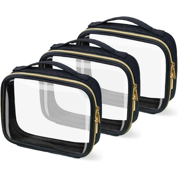 ZEN Travel Toiletry Bag,3 Pack Clear Makeup Bags with Handles,Quart Size Clear Cosmetic Bags for Traveling Women,Men,Carry on Airport Airline Compliant Bag,Black