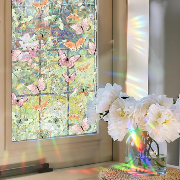 ZEN Window Privacy Film,Butterflies Stained Glass Window Film,Rainbow Decorative Sun Blocking Static Cling Stickers for Room Home Decor 17.7" x 43.3"