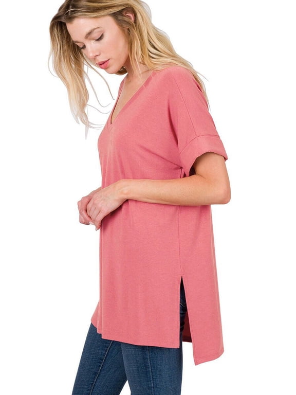 (ZENANA) Rolled Short Sleeve Side Slit Hi-Low Hem Top_ Regular and Plus Size