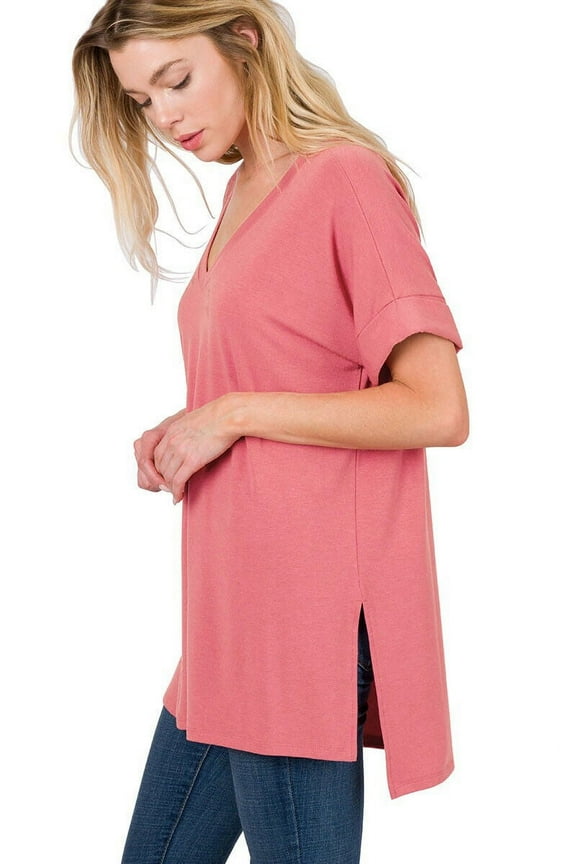 (ZENANA) Rolled Short Sleeve Side Slit Hi-Low Hem Top_ Regular and Plus Size