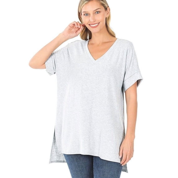 (ZENANA) Rolled Short Sleeve Side Slit Hi-Low Hem Top_ Regular and Plus Size