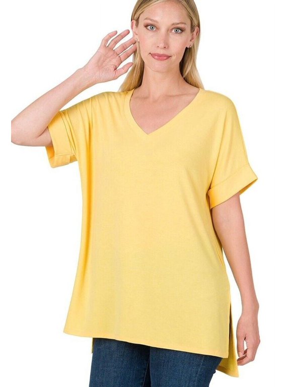 (ZENANA) Rolled Short Sleeve Side Slit Hi-Low Hem Top_ Regular and Plus Size