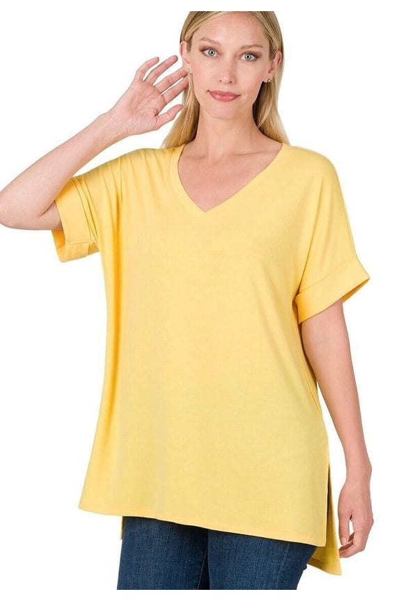 (ZENANA) Rolled Short Sleeve Side Slit Hi-Low Hem Top_ Regular and Plus Size