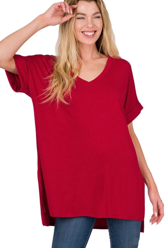 (ZENANA) Rolled Short Sleeve Side Slit Hi-Low Hem Top_ Regular and Plus Size