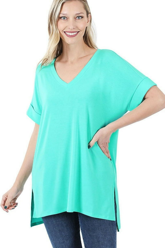 Women's Wide V-Neck Cuffed Short Sleeve Curved Hem Luxe Jersey Top