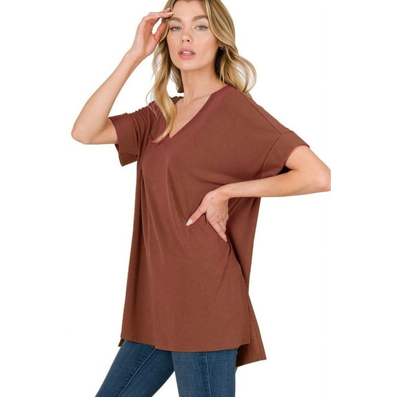 (ZENANA) Rolled Short Sleeve Side Slit Hi-Low Hem Top_ Regular and Plus Size