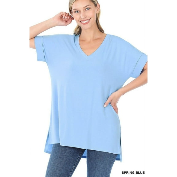 (ZENANA) Rolled Short Sleeve Side Slit Hi-Low Hem Top_ Regular and Plus Size