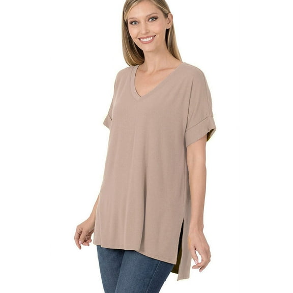 (ZENANA) Rolled Short Sleeve Side Slit Hi-Low Hem Top_ Regular and Plus Size