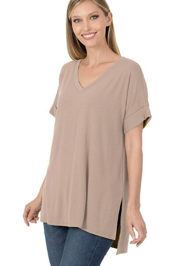 (ZENANA) Rolled Short Sleeve Side Slit Hi-Low Hem Top_ Regular and Plus Size