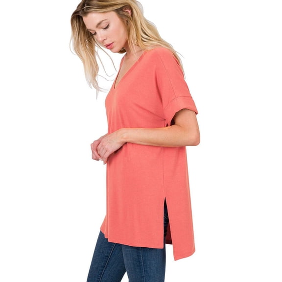 (ZENANA) Rolled Short Sleeve Side Slit Hi-Low Hem Top_ Regular and Plus Size