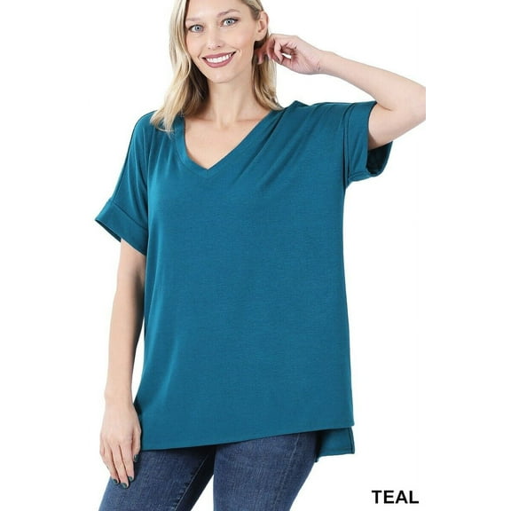 (ZENANA) Rolled Short Sleeve Side Slit Hi-Low Hem Top_ Regular and Plus Size