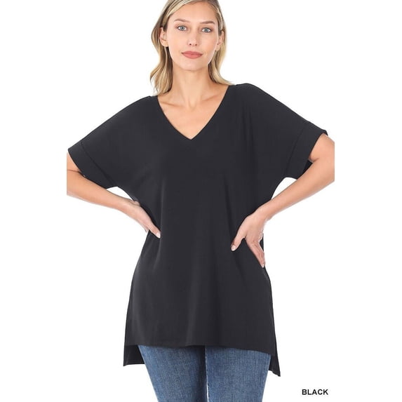 (ZENANA) Rolled Short Sleeve Side Slit Hi-Low Hem Top_ Regular and Plus Size
