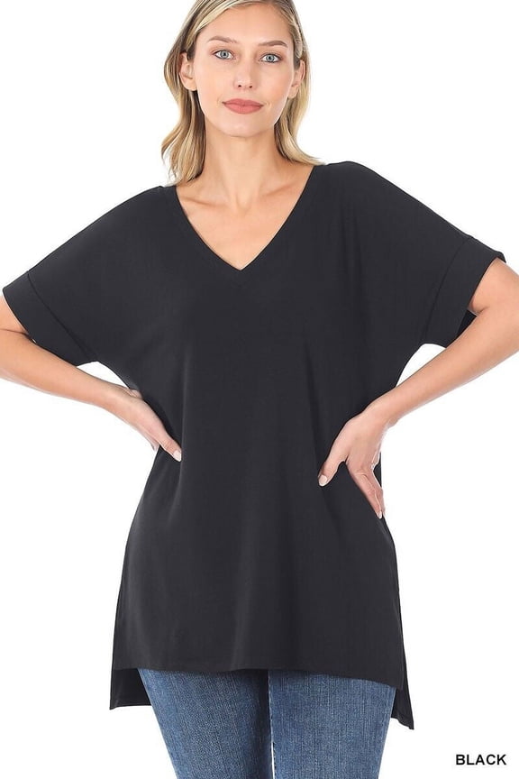 (ZENANA) Rolled Short Sleeve Side Slit Hi-Low Hem Top_ Regular and Plus Size