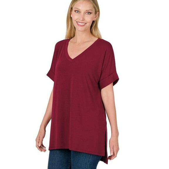 (ZENANA) Rolled Short Sleeve Side Slit Hi-Low Hem Top_ Regular and Plus Size