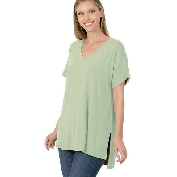 (ZENANA) Rolled Short Sleeve Side Slit Hi-Low Hem Top_ Regular and Plus Size