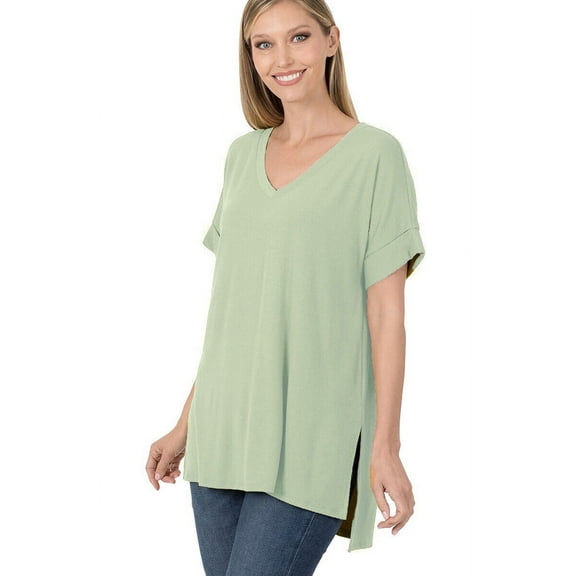 (ZENANA) Rolled Short Sleeve Side Slit Hi-Low Hem Top_ Regular and Plus Size