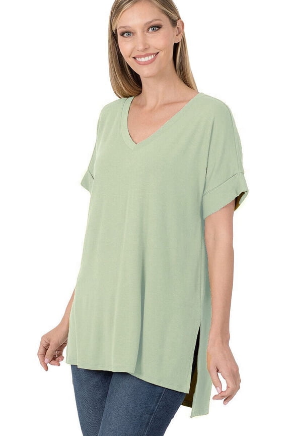(ZENANA) Rolled Short Sleeve Side Slit Hi-Low Hem Top_ Regular and Plus Size