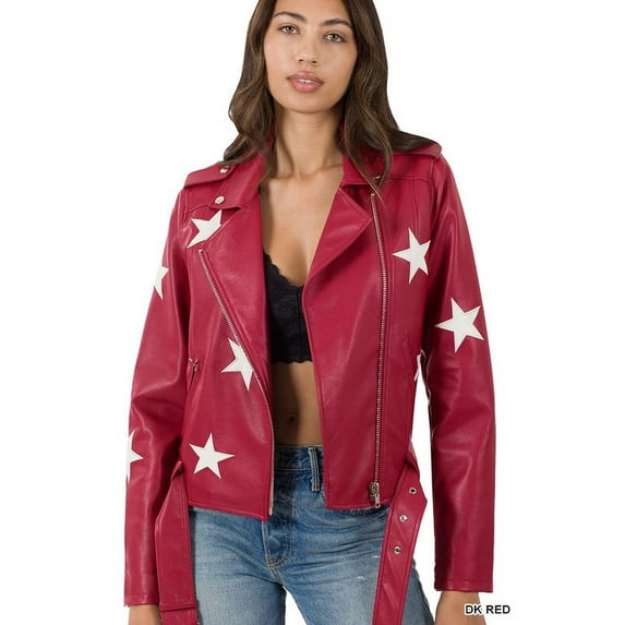 ZENANA VEGAN LEATHER STAR PATCH BELTED MOTO JACKET IN 3 COLORS (Red)