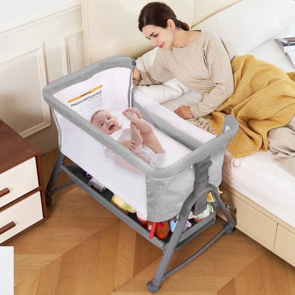 ZENART 3-in-1 Bedside Crib Bassinet with Adjustable Height, Wheels & Storage, Portable Rocking Sleeper, Gray