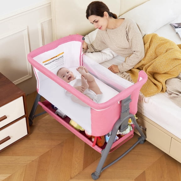 ZENART 3-in-1 Bedside Crib Bassinet with Adjustable Height, Wheels & Storage, Portable Rocking Sleeper, Pink