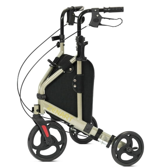 ZENART Foldable 3 Wheel Rollator Walker Lightweight for Seniors with 10" Wheel, Champagne Gold