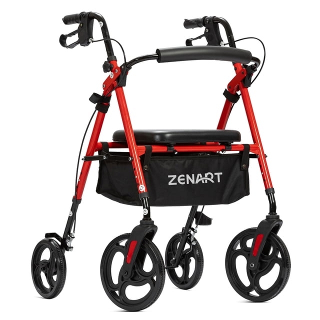 ZENART Mobility Rollator Walker for Seniors Adult with Adjustable Seat and 10" Wheels, Red