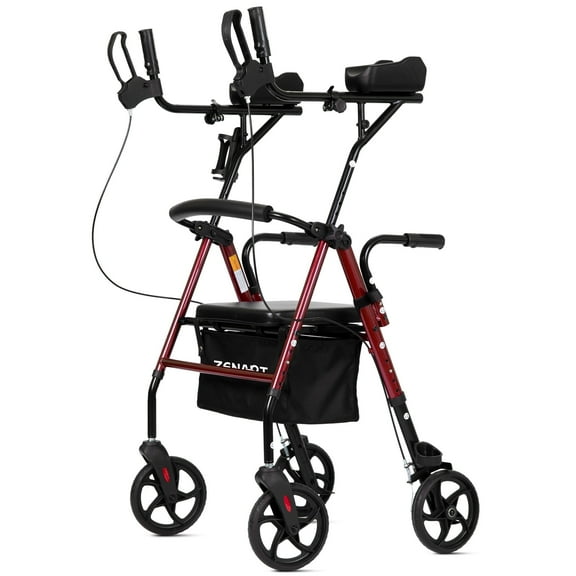 ZENART Upright Rollator Walker for Seniors, Foldable Stand up Rolling Mobility aids with Padded Seat,Red