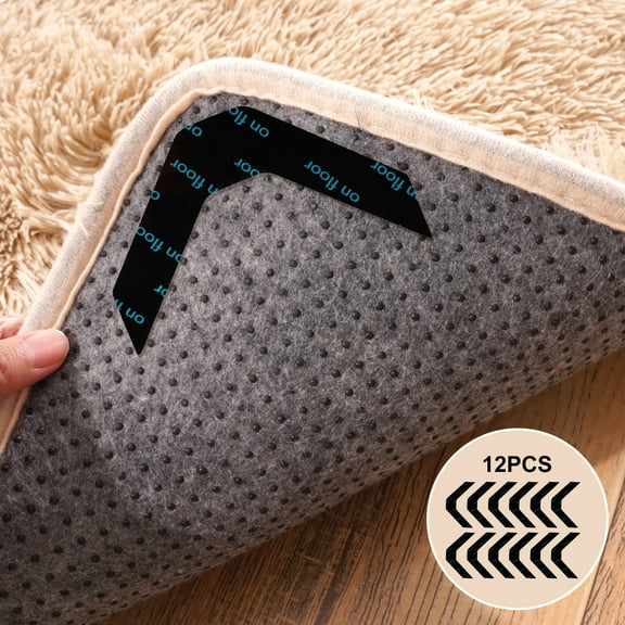ZENELESS 12 Pcs Rug Gripper,Reusable Non Slip Carpet Tape for Area Rugs Tablecloth,Double-Sided Adhesive Rug Stickers,V-shape (Black)