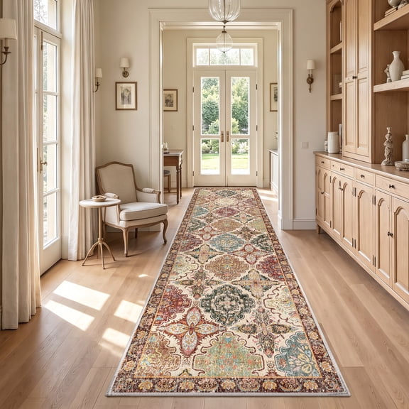 ZENELESS 2.7x10 Rug Runners for Hallways, Non Slip Low Pile Washable Entryway Vintage Runner Rugs with Rubber Backing, Rust Color