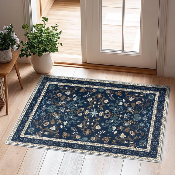 ZENELESS 2x3 Indoor Entryway Rug, Washable Non-Slip Carpet,Contemporary Traditional Printed Kitchen Mat,Dark Blue