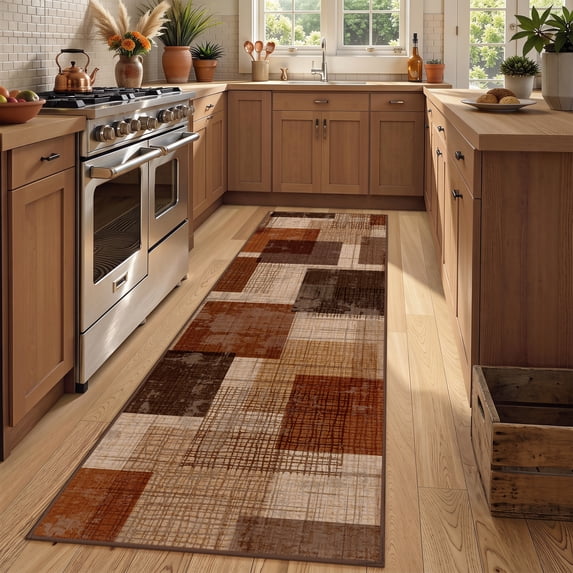 ZENELESS 2x6 Hallway Runner Rug, Soft Geometric Stain Resistant Carpet for Entryway Kitchen Bedroom Bathroom Laundry, Reddish Brown