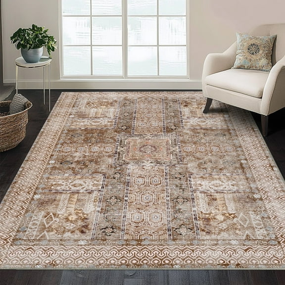 ZENELESS 5x7 Area Rugs, Non Slip Washable Light Brown Rug, Foldable Low Pile Carpet for Living Room Dining Room Bedroom