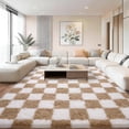 thumbnail image 1 of ZENELESS 8x10 Fluffy Rug for Living Room,Checkered Shaggy Soft Anti-Skid High Pile Carpet for Boys Girls Teen Room Dorm Home Decor,Creamy White and Camel, 1 of 7