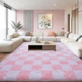 thumbnail image 1 of ZENELESS 8x10 Fluffy Rug for Living Room,Checkered Shaggy Soft Anti-Skid High Pile Carpet for Boys Girls Teen Room Dorm Home Decor,White and Pink, 1 of 7