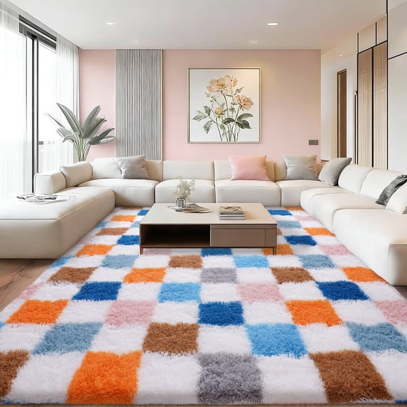 ZENELESS 8x10 Fluffy Rug for Living Room,Multicolor Checkered Shaggy Soft Anti-Skid High Pile Carpet for Boys Girls Teen Room Dorm Home Decor