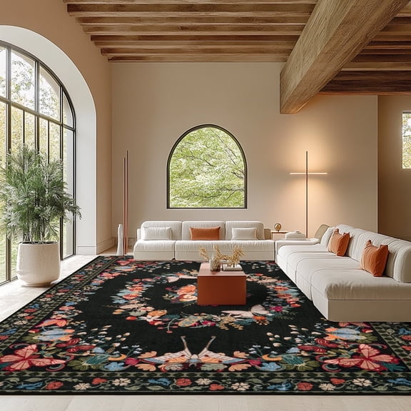 ZENELESS 8x10ft Large Washable Area Rugs, Soft Low Pile Print Rugs,Machine Washable Carpet for Living Room Dining Room Bedroom Den Nursery Black