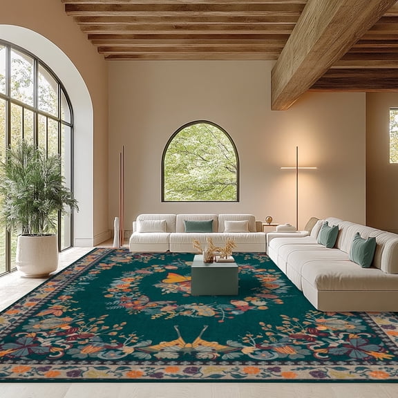 ZENELESS 8x10ft Large Washable Area Rugs, Soft Low Pile Print Rugs,Machine Washable Carpet for Living Room Dining Room Bedroom Den Nursery Dark Green